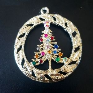 Silver Tone Christmas Tree Pendant with Rhinestones